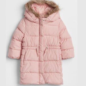 GAP Girls Size 2T Toddler Pink Champagne Faux Fur Hood Longline Puffer Winter Ja
